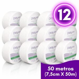 12 Rolos de 50m Papel Depilação Depilart Fibra Natural Branca 7cmX50m Profissional + 1 Roll On de Mel 100g